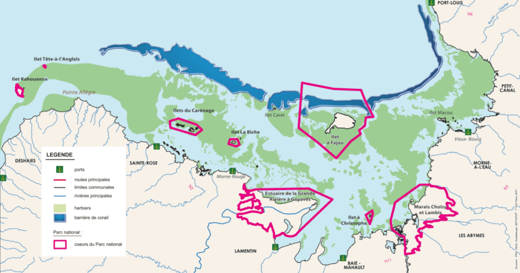 La carte du Grand Cul-de-sac marin en Guadeloupe