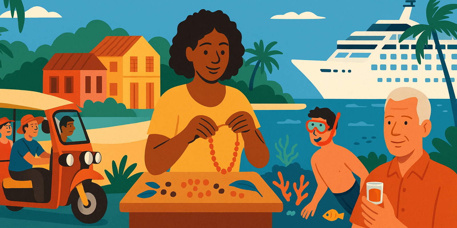 Illustration colorée représentant une escale à Pointe-à-Pitre en Guadeloupe : une femme crée un collier de graines locales, un tuk-tuk transporte des visiteurs dans les rues colorées, un touriste fait du snorkeling près du port, un homme déguste un rhum local et un bateau de croisière est amarré en arrière-plan.