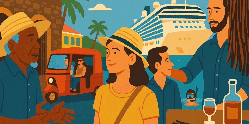 Illustration colorée représentant une scène de port en Guadeloupe : un conteur local parle à une visiteuse, un tuk-tuk passe devant des maisons créoles, un guide présente des gousses de vanille et une bouteille de rhum, tandis qu’un bateau de croisière est amarré en arrière-plan.