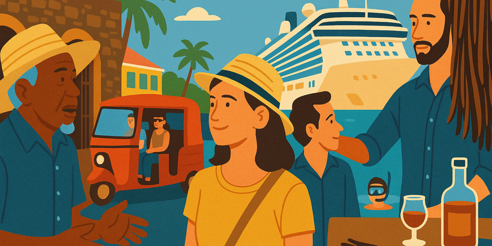 Illustration colorée représentant une scène de port en Guadeloupe : un conteur local parle à une visiteuse, un tuk-tuk passe devant des maisons créoles, un guide présente des gousses de vanille et une bouteille de rhum, tandis qu’un bateau de croisière est amarré en arrière-plan.