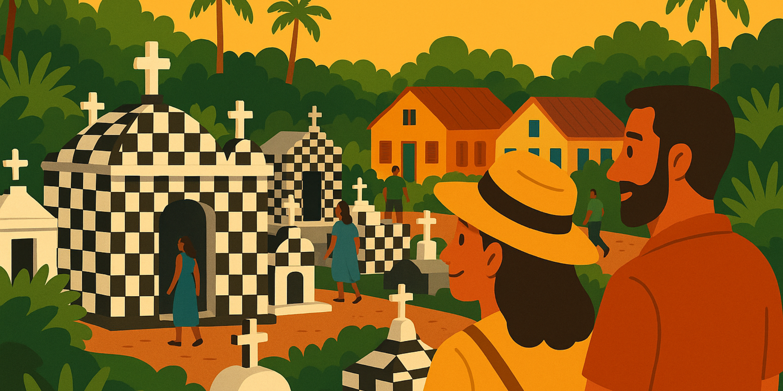 Illustration colorée au style plat et rétro représentant le cimetière en damier noir et blanc de Morne-à-l’Eau en Guadeloupe, avec des visiteurs marchant entre les tombes, entouré de maisons créoles et de palmiers sous une lumière chaude