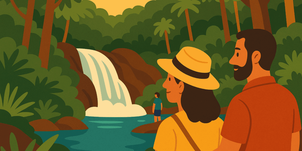 Illustration colorée de Petit-Bourg en Guadeloupe : un couple admire une cascade au cœur d’une forêt tropicale luxuriante, entourée de palmiers et de végétation dense, sous un ciel doré.