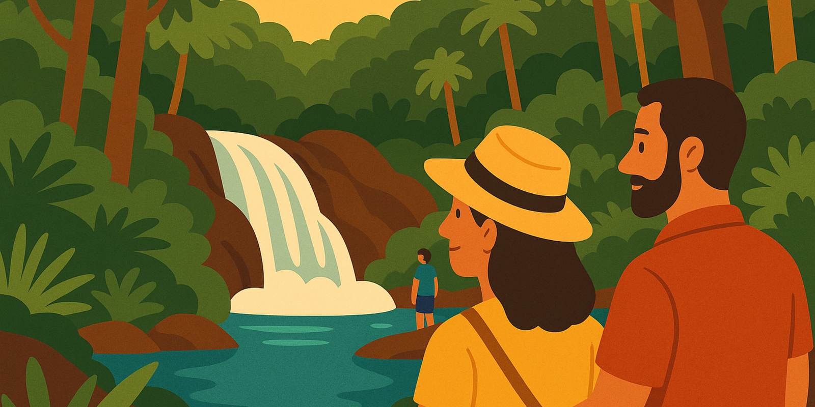Illustration colorée de Petit-Bourg en Guadeloupe : un couple admire une cascade au cœur d’une forêt tropicale luxuriante, entourée de palmiers et de végétation dense, sous un ciel doré.