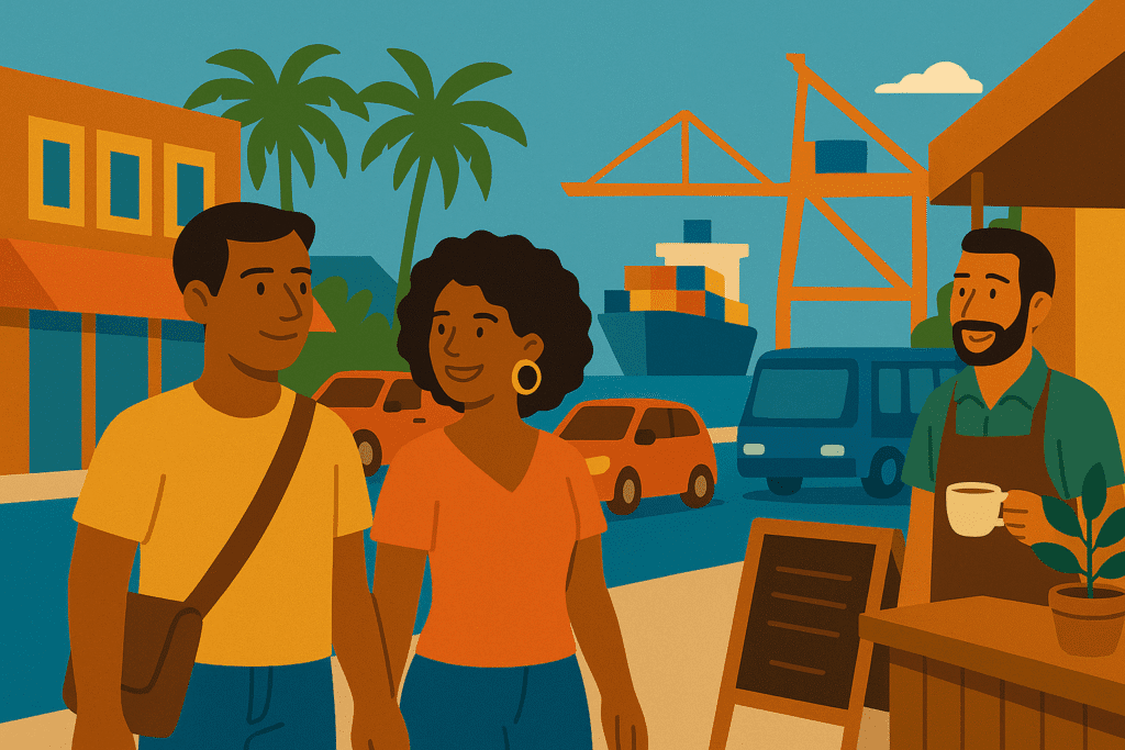 Illustration colorée de Baie-Mahault en Guadeloupe : un couple se promène dans une rue animée avec un barista servant un café, en arrière-plan le port de Jarry avec un cargo, des grues, des voitures et des palmiers sous un ciel bleu.