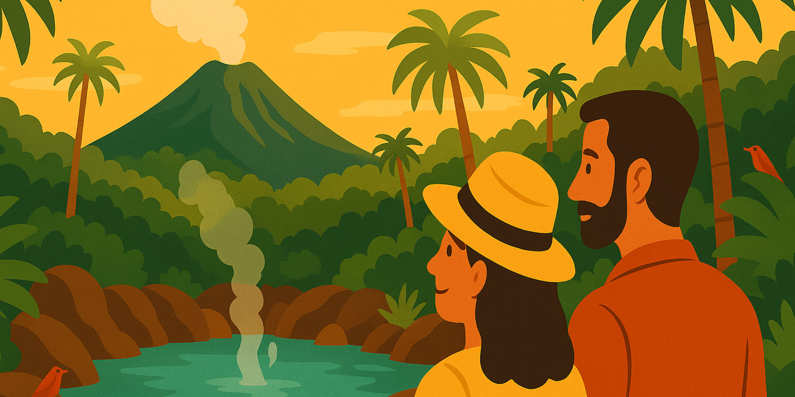 Une illustration colorée au style plat et rétro représentant Gourbeyre en Guadeloupe. On y voit au premier plan un couple en tenue légère, admirant un bassin naturel d’eau chaude entouré de rochers et de vapeur s’échappant doucement, symbole des sources thermales de Dolé. En arrière-plan : la Soufrière fumante domine le paysage, baignée d’une lumière dorée de fin de journée.