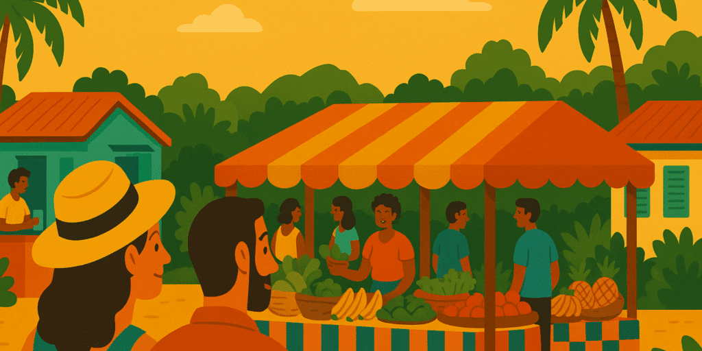 Illustration colorée au style plat et rétro représentant Goyave en Guadeloupe : un couple marche près d’un bassin naturel entouré de nénuphars, de palmiers et de végétation tropicale, avec un ponton en bois et des champs de canne à sucre en arrière-plan.