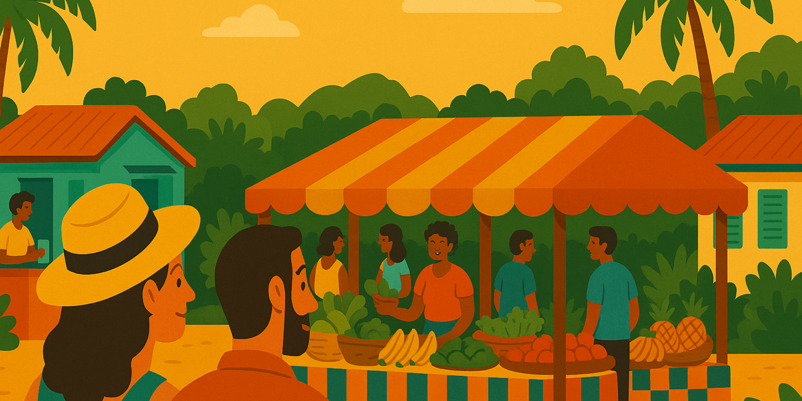 Illustration colorée au style plat et rétro représentant Goyave en Guadeloupe : un couple marche près d’un bassin naturel entouré de nénuphars, de palmiers et de végétation tropicale, avec un ponton en bois et des champs de canne à sucre en arrière-plan.